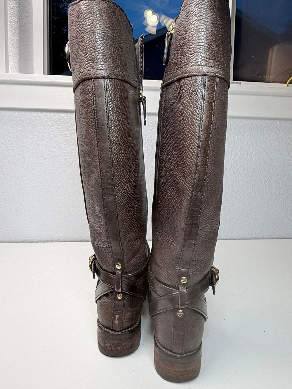 Tory Burch Boots Brown Pebbled Leather Riding Boots Tall Zip Logo women size 6.5